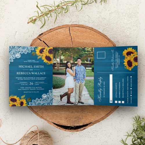 Malibu Blue Wood Lace Sunflower Wedding Photo Tri_Fold Invitation