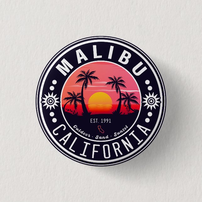 Malibu Ca Retro Sunset Palm Trees Souvenirs 60s Button (Front)