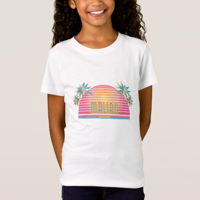 Malibu, CA Sun, Palm Trees Graphic Girl's T-shirt (Front)