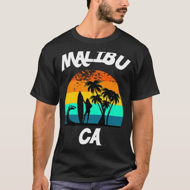 Malibu California Beach Scenery with Female Surfer T-Shirt (Front)