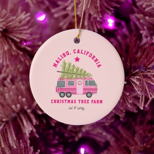 Malibu California Christmas Tree Farm Pink RV Ceramic Ornament