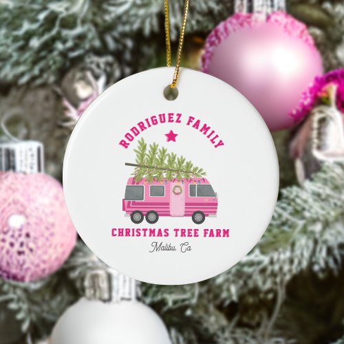 Malibu California Christmas Tree Farm Pink RV Name Ceramic Ornament