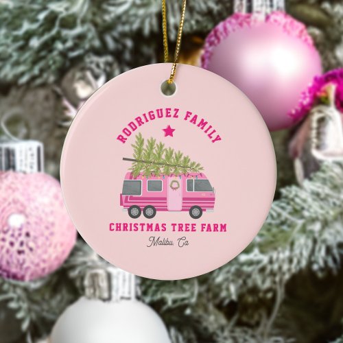 Malibu California Christmas Tree Farm RV Name Pink Ceramic Ornament