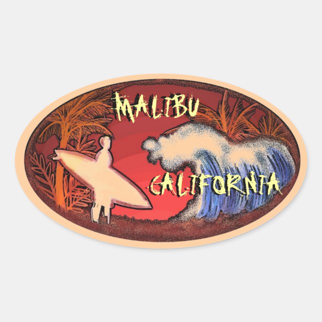 Malibu California peach surfer waves art stickers (Front)