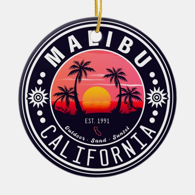 Malibu California Retro Sunset Palm Trees 60s Ceramic Ornament (Front)