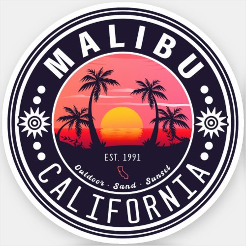 Malibu California Retro Sunset Palm Trees 60s Sticker