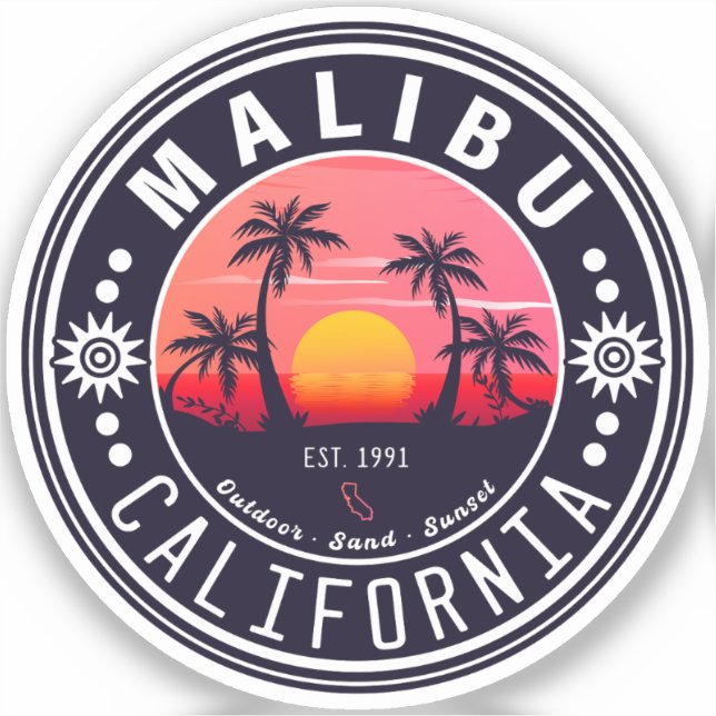 Malibu California Retro Sunset Palm Trees 60s Sticker (Front)