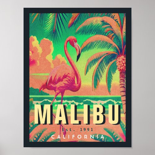 Malibu California Retro Sunset Souvenirs 1950s Poster