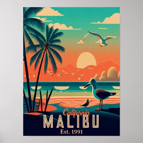 Malibu California Retro Sunset Souvenirs 1950s Poster