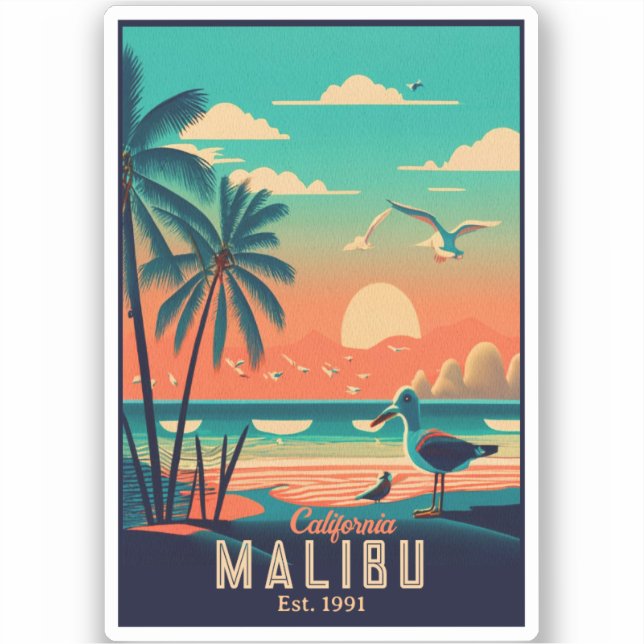Malibu California Retro Sunset Souvenirs 1950s Sticker (Front)