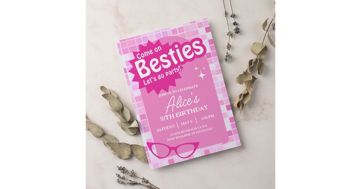 Malibu Doll Besties Beach Birthday Pink Glitter Invitation | Zazzle