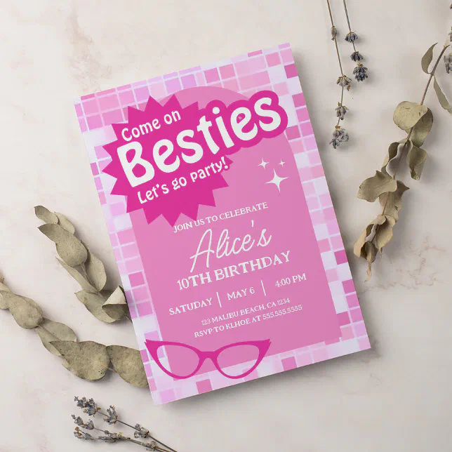 Malibu Doll Besties Beach Birthday Pink Glitter Invitation | Zazzle