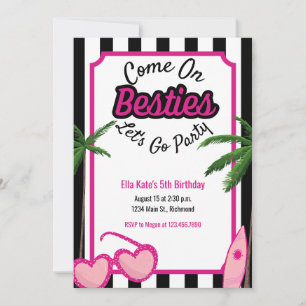 Malibu Doll Birthday Black White Stripe Tropical Invitation