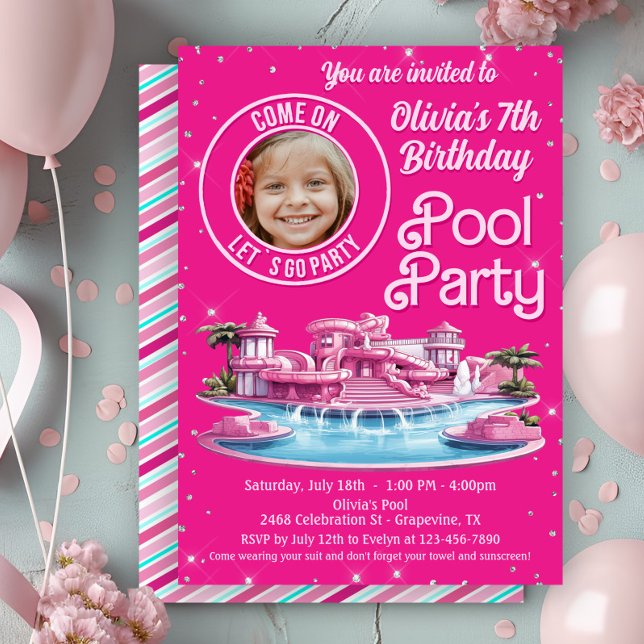 Malibu Doll Pool Birthday Party  Invitation (Cute Malibu doll pool party invitation with spot for photo. Any number - simply add your details.)