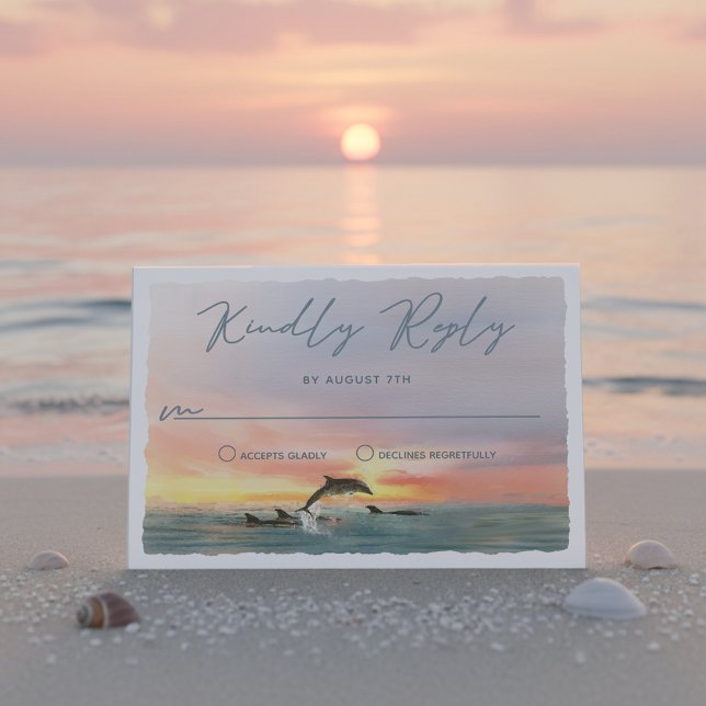 Malibu Dolphin Sunset Beach Watercolor Wedding RSVP Card (Creator Uploaded)