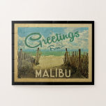 Malibu Jigsaw Puzzle Beach Vintage Travel<br><div class="desc">This Greetings From Malibu vintage postcard design features a sandy beach with a beautiful turquoise ocean water and above the sea,  a blue sky with billowy white clouds. In vintage travels style.</div>
