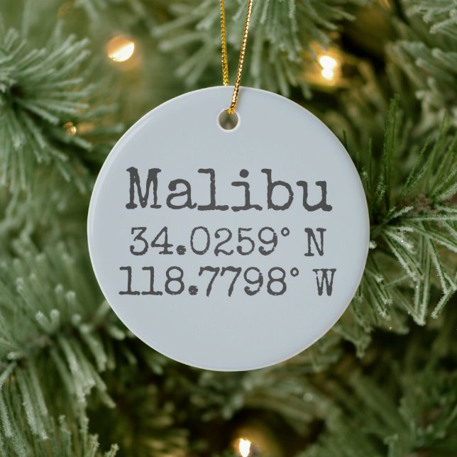 Malibu Latitude and Longitude Ceramic Ornament (Tree)