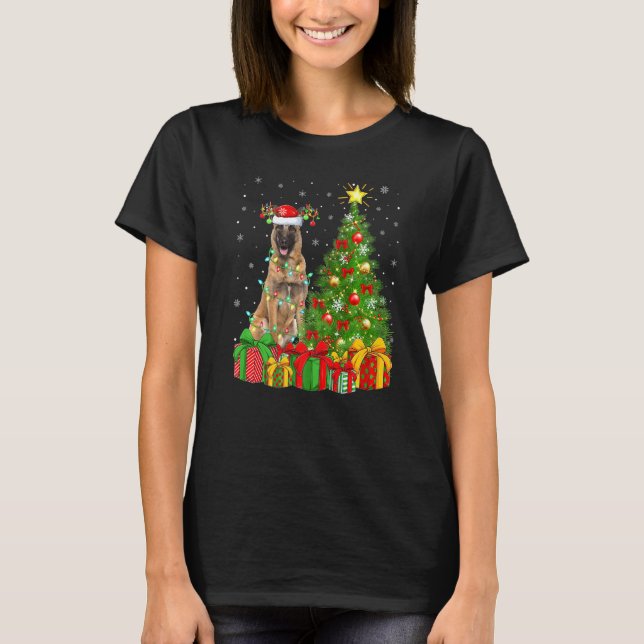 Malinois Dog Lighting Xmas Tree Santa Hat Malinois T-Shirt (Front)