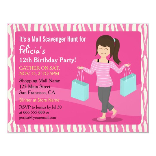 Mall Scavenger Hunt Birthday Party Zebra Print Card | Zazzle