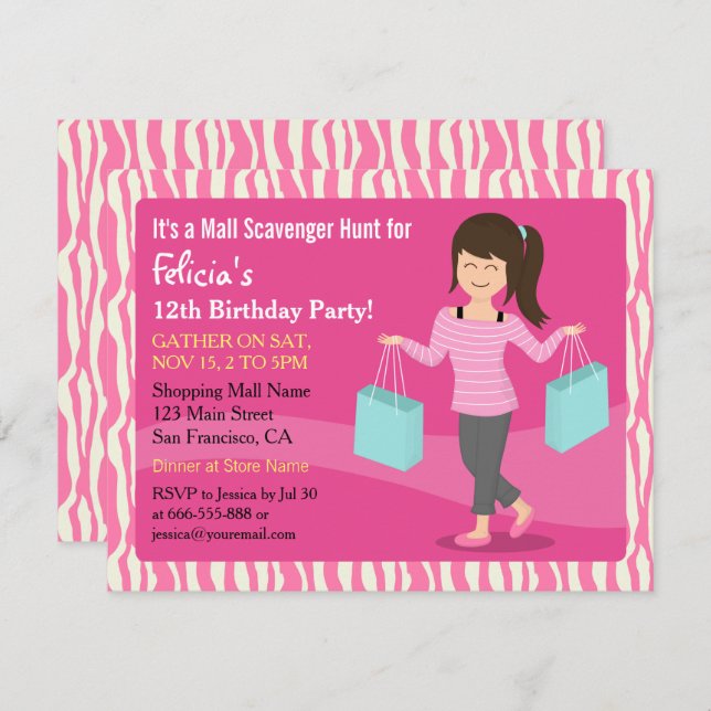 Mall Scavenger Hunt Birthday Party Zebra Print Invitation | Zazzle mall-scavenger-hunt-birthday-party-zebra-print-invitation-zazzle