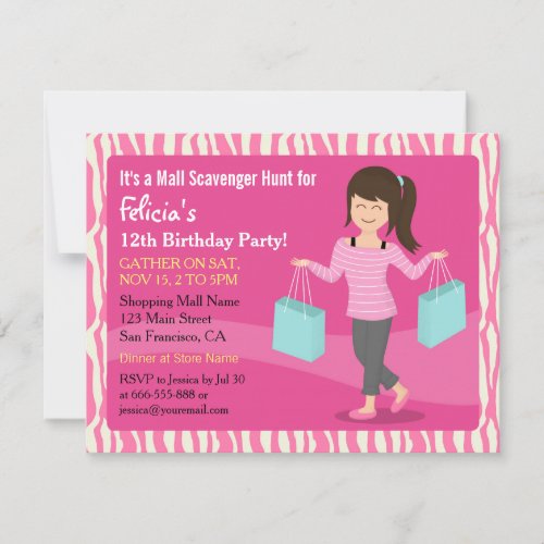 Mall Scavenger Hunt Birthday Party Zebra Print Invitation