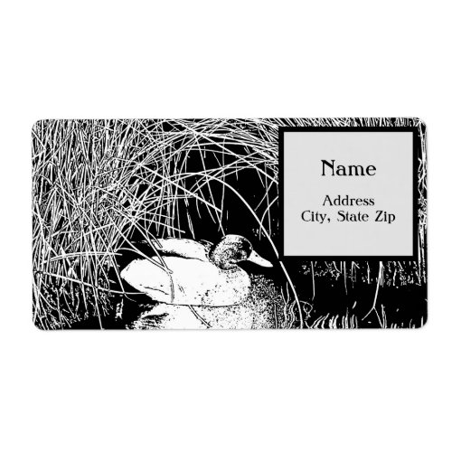 Mallard Duck Among Reeds Black and White Nature Label
