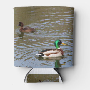 Mallard duck and tufted duck on a river can cooler
