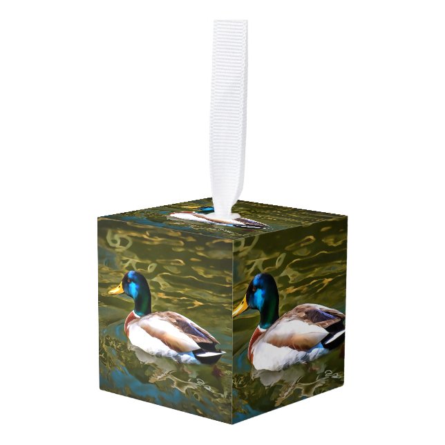 Mallard Duck Artistic Portrait Cube Ornament (Front Angled)