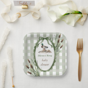 Mallard Duck Baby Shower Gingham Green Paper Plates