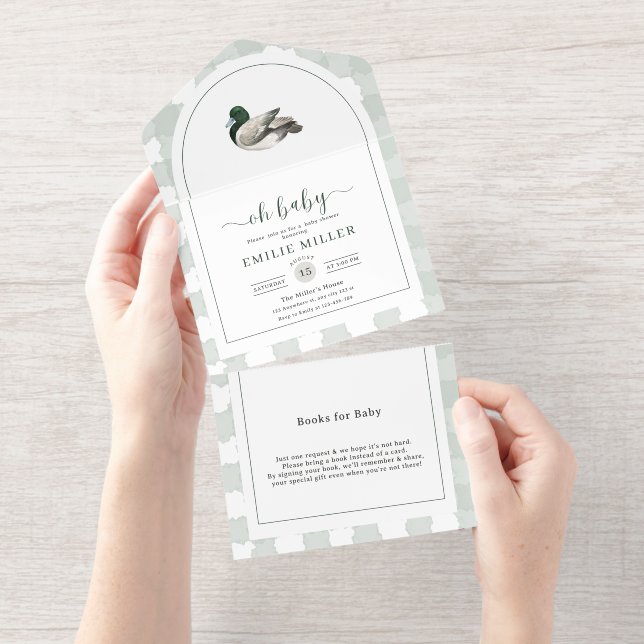 Mallard Duck Baby Shower Invitation, Neutral Green All In One Invitation (Tearaway)