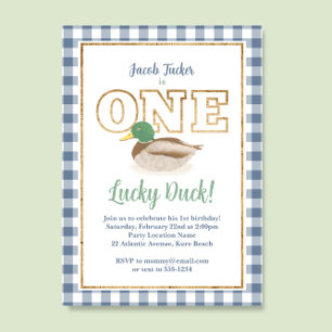 Mallard Duck Blue Plaid Hunting Boy 1st Birthday Invitation