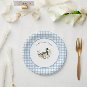 Mallard Duck Blue White Gingham Baby Shower Paper Plates