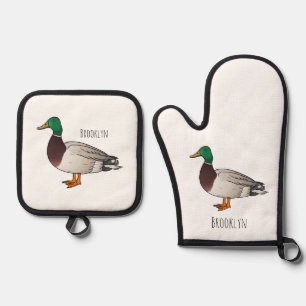 Mallard duck cartoon illustration oven mitt & pot holder set