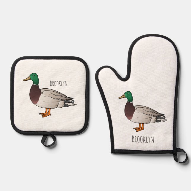 Mallard duck cartoon illustration oven mitt & pot holder set (Front)