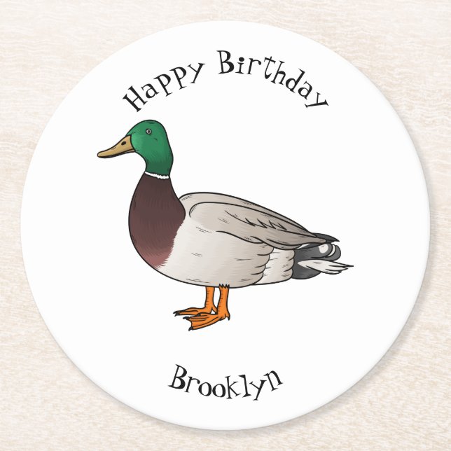 Mallard duck cartoon illustration round paper coaster (Front)