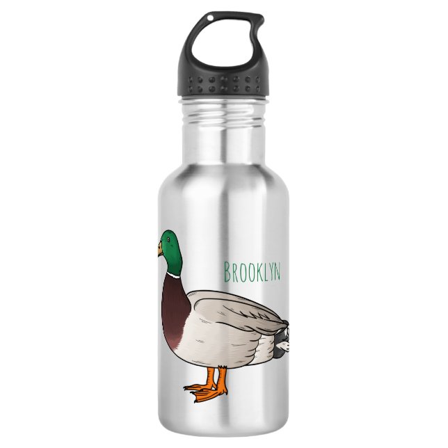 Mallard duck cartoon illustration  stainless steel water bottle (Front)