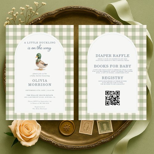 Mallard Duck Sage green Gingham or plaid baby shower invitation