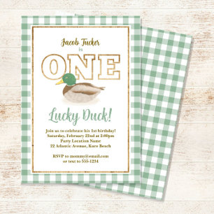 Mallard Duck Green Plaid Hunting Boy 1st Birthday Invitation
