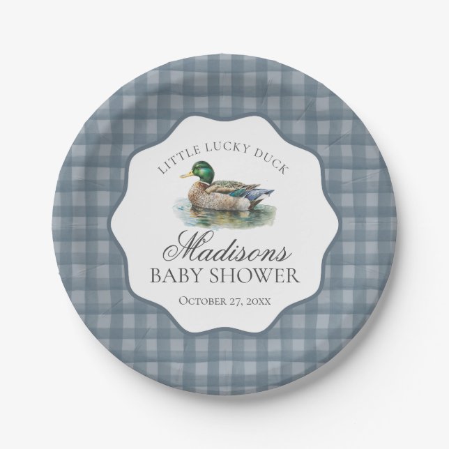 Mallard Duck Hunting Blue Gingham Boy Baby Shower Paper Plates (Front)