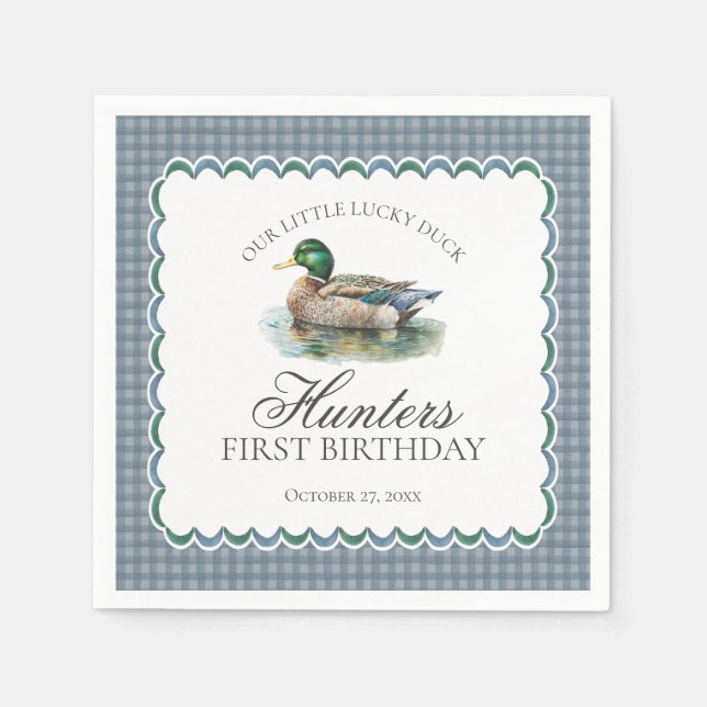 Mallard Duck Hunting Blue Gingham Boy Birthday Napkins (Front)