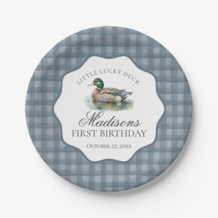 Mallard Duck Hunting Blue Gingham Boy Birthday Paper Plates