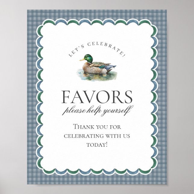 Mallard Duck Hunting Blue Gingham Favors Sign (Front)