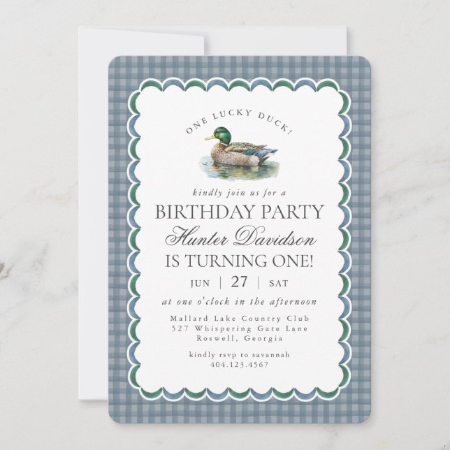 Mallard Duck Hunting Blue Gingham First Birthday Invitation (Front)