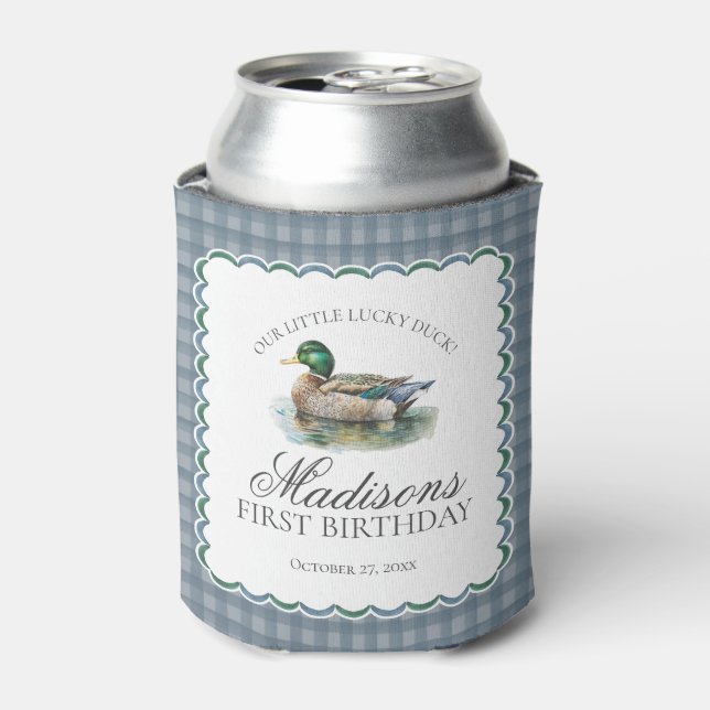 Mallard Duck Hunting Gingham Boy Birthday Favor Can Cooler (Can Front)