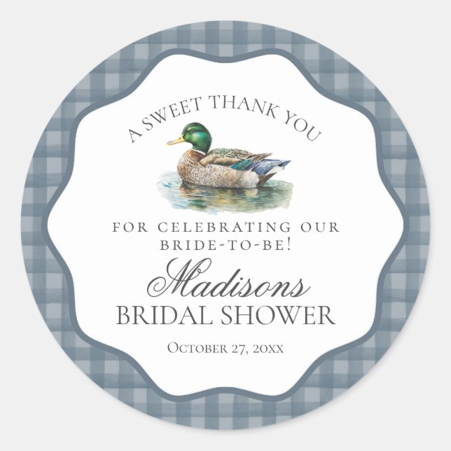 Mallard Duck Hunting Gingham Bridal Shower Circle Classic Round Sticker (Front)