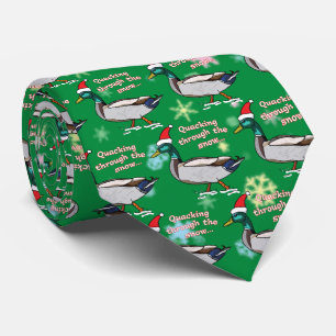 Mallard Duck in Santa Hat Quacking through Snow Neck Tie