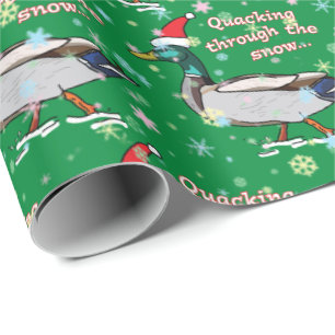 Mallard Duck in Santa Hat Quacking through Snow Wrapping Paper