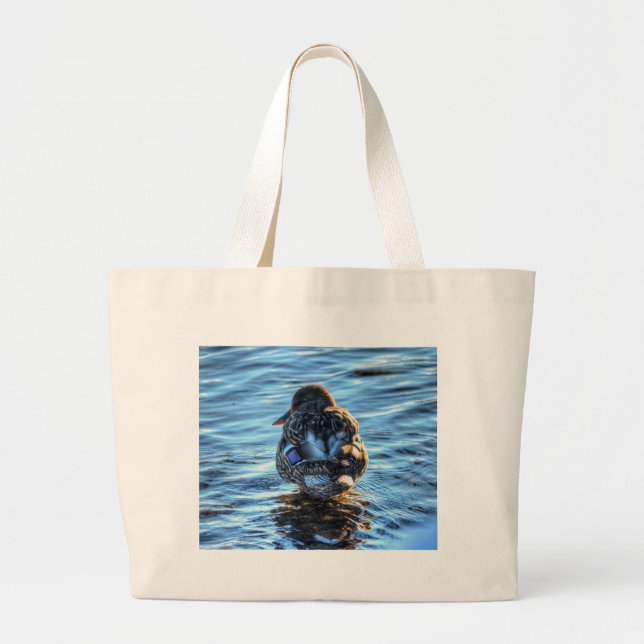 Mallard Duck in Winter River - Wildlife Photo Large Tote Bag (Front)