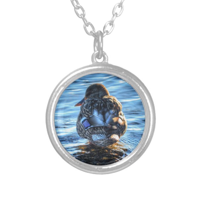 Mallard Duck in Winter River - Wildlife Photo Silver Plated Necklace (Front)