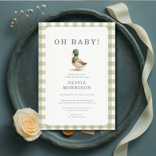Mallard Duck Green Gingham or plaid baby shower invitation